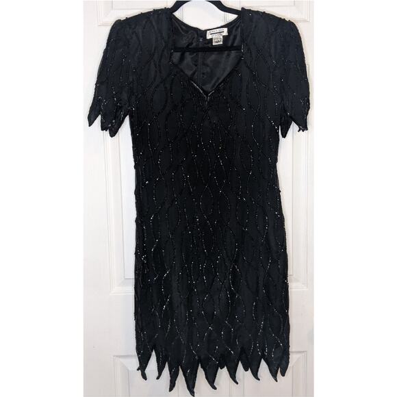 Mark & John by Gopal Vintage Black Sequined Beaded Silk Cocktail Evening Dress L - Picture 3 of 14